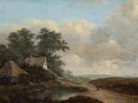 Patrick nasmyth (1787-1831), figures in a rural landscape, oil on oak 19.5 x 24 cm. (7.67 x 9.44 in.), frame: 36 x 41 cm. (14.16 x 16.14 in.)