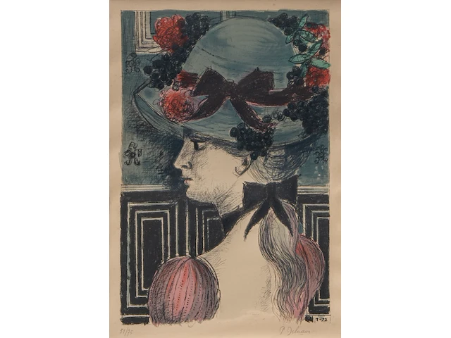 Paul delvaux (1897-1994), 'chapeau', lithograph, n° 51/75 63.5 x 43.5 cm. (25 x 17.12 in.), frame: 96.5 x 73.5 cm. (37.99 x 28.94 in.) - afbeelding 1 van  7