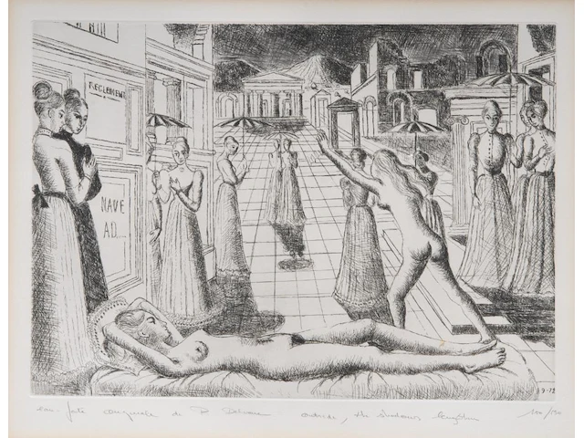 Paul delvaux (1897-1994), 'dehors l’ombre argandie' (1972), etching, n° 100/150 31.5 x 44 cm. (12.40 x 17.32 in.), frame: 82 x 92 cm. (32.28 x 36.21 in.) - afbeelding 1 van  8