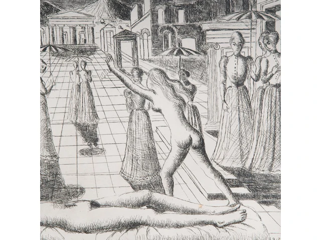 Paul delvaux (1897-1994), 'dehors l’ombre argandie' (1972), etching, n° 100/150 31.5 x 44 cm. (12.40 x 17.32 in.), frame: 82 x 92 cm. (32.28 x 36.21 in.) - afbeelding 7 van  8