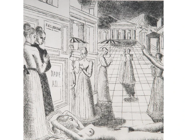 Paul delvaux (1897-1994), 'dehors l’ombre argandie' (1972), etching, n° 100/150 31.5 x 44 cm. (12.40 x 17.32 in.), frame: 82 x 92 cm. (32.28 x 36.21 in.) - afbeelding 8 van  8