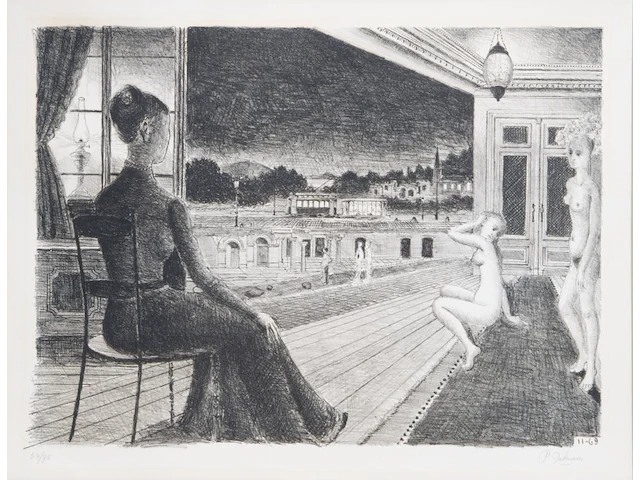 Paul delvaux (1897-1994), 'devant la ville' (1969), lithograph, n° 54/75 51 x 66 cm. (20.07 x 25.98 in.), frame: 91 x 107 cm. (35.82 x 42.13 in.) - afbeelding 1 van  7
