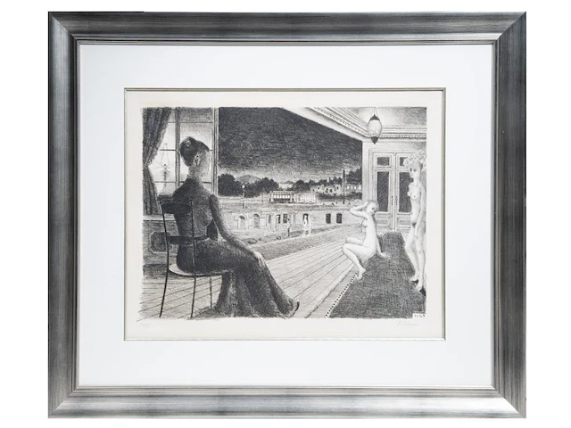 Paul delvaux (1897-1994), 'devant la ville' (1969), lithograph, n° 54/75 51 x 66 cm. (20.07 x 25.98 in.), frame: 91 x 107 cm. (35.82 x 42.13 in.) - afbeelding 2 van  7
