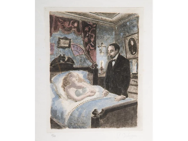 Paul delvaux (1897-1994), 'les derniers beaux jours, jules contemple' (1978), n° 17/20, 38 x 30 cm. (14.96 x 11.81 in.), frame: 84 x 64 cm. (33.07 x 25.19 in.) - afbeelding 1 van  6