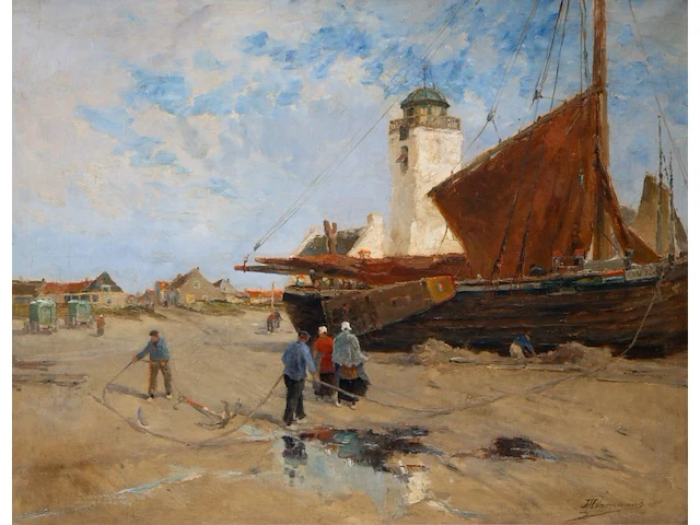 Paul hermanus (1859-1911), fishing boat on a dutch beach, 1900, oil on canvas 75 x 95 cm. (29.53 x 37.39 in.), frame: 104 x 124 cm. (40.93 x 48.82 in.) - afbeelding 1 van  7