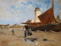 Paul hermanus (1859-1911), fishing boat on a dutch beach, 1900, oil on canvas 75 x 95 cm. (29.53 x 37.39 in.), frame: 104 x 124 cm. (40.93 x 48.82 in.)