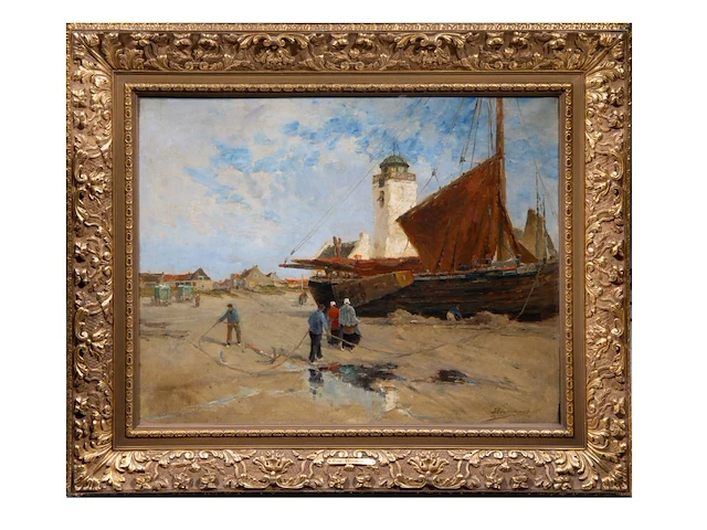 Paul hermanus (1859-1911), fishing boat on a dutch beach, 1900, oil on canvas 75 x 95 cm. (29.53 x 37.39 in.), frame: 104 x 124 cm. (40.93 x 48.82 in.) - afbeelding 2 van  7