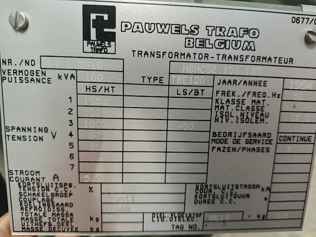 Pauwels tbe100 oliegekoelde distributie transformator - afbeelding 8 van  10