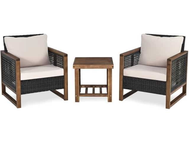 Pe rattan patio set - 3 stukken met acacia salontafel en 2 stoelen - afbeelding 1 van  7