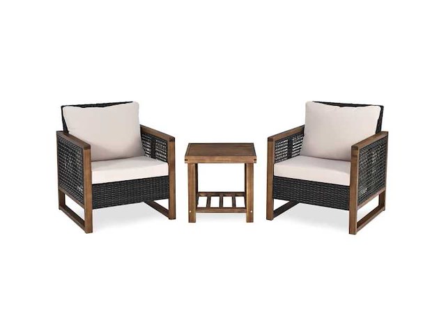 Pe rattan patio set - 3 stukken met acacia salontafel en 2 stoelen - afbeelding 2 van  7