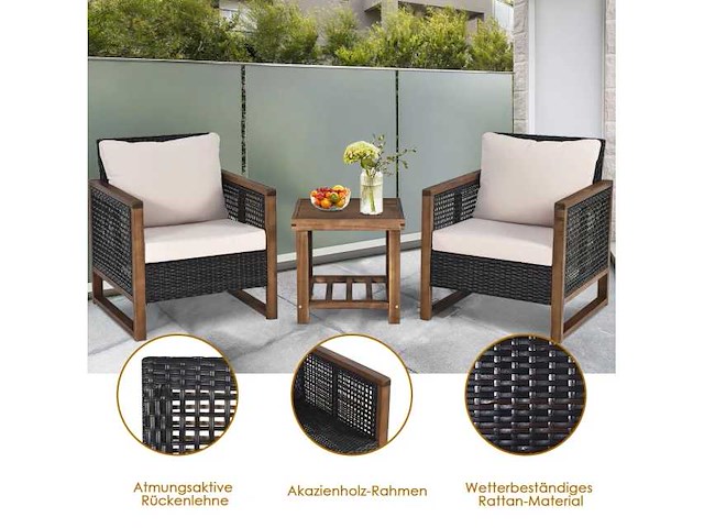 Pe rattan patio set - 3 stukken met acacia salontafel en 2 stoelen - afbeelding 3 van  7
