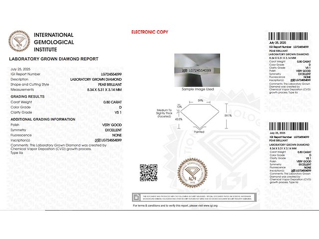 Pear diamant 0.80ct – d/vs1 – igi - afbeelding 4 van  4