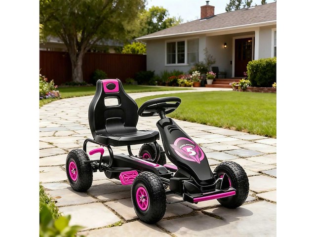 Pedal go-kart voor kinderen, verstelbare stoel in 3 standen, handrem voor kinderen van 5 tot 12 jaar, roze-zwart - afbeelding 1 van  6