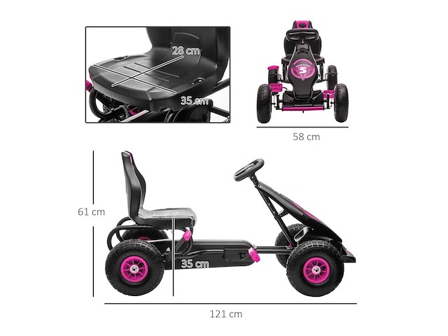 Pedal go-kart voor kinderen, verstelbare stoel in 3 standen, handrem voor kinderen van 5 tot 12 jaar, roze-zwart - afbeelding 3 van  6