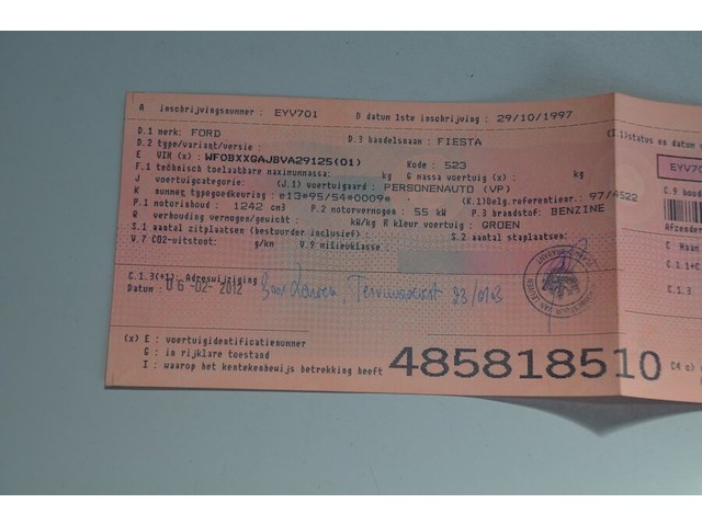 Personenwagen ford fiesta, chassisnummer: wf0bxxgajbva29125, bouwjaar: 29/10/1997 met inschrijvingsbewijs, gelijkvormigheidsattest, schouwingsbewijs (verlopen), 1 sleutel - afbeelding 8 van  30