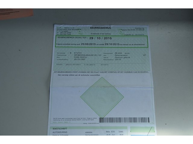 Personenwagen ford fiesta, chassisnummer: wf0bxxgajbva29125, bouwjaar: 29/10/1997 met inschrijvingsbewijs, gelijkvormigheidsattest, schouwingsbewijs (verlopen), 1 sleutel - afbeelding 11 van  30