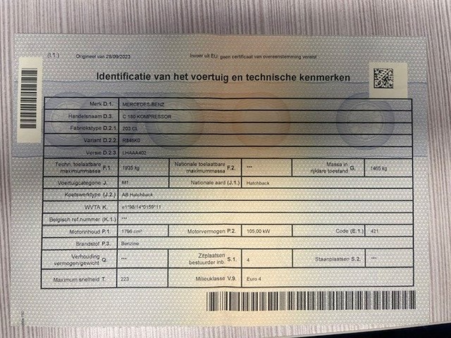 Personenwagen mercedes c180, type 203cl, variant r846k0, versie lhaaa402, ch.nr. wdb2037461a65287, bouwjaar 03-05-2004 (sleutel, alle boorddocumenten) (1) - afbeelding 20 van  40