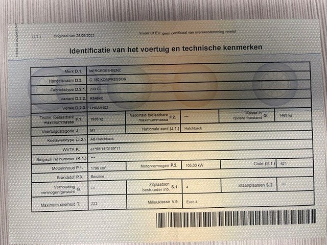 Personenwagen mercedes c180, type 203cl, variant r846k0, versie lhaaa402, ch.nr. wdb2037461a65287, bouwjaar 03-05-2004 (sleutel, alle boorddocumenten) (1) - afbeelding 22 van  40