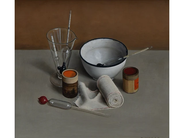 Peter van tongerloo (1946), still life with pharmacist utilities, 1974, oil on canvas 45 x 50 cm. (17.71 x 19.67 in.), frame: 60 x 65 cm. (23.62 x 25.58 in.) - afbeelding 1 van  6