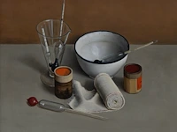 Peter van tongerloo (1946), still life with pharmacist utilities, 1974, oil on canvas 45 x 50 cm. (17.71 x 19.67 in.), frame: 60 x 65 cm. (23.62 x 25.58 in.)