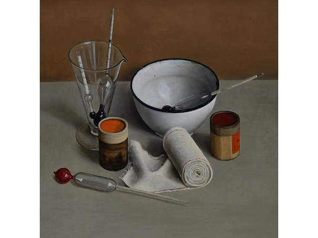 Peter van tongerloo (1946), still life with pharmacist utilities, 1974, oil on canvas 45 x 50 cm. (17.71 x 19.67 in.), frame: 60 x 65 cm. (23.62 x 25.58 in.) - afbeelding 5 van  6