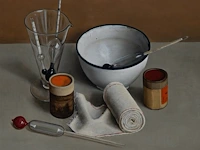 Peter van tongerloo (1946), still life with pharmacist utilities, 1974, oil on canvas 45 x 50 cm. (17.71 x 19.67 in.), frame: 60 x 65 cm. (23.62 x 25.58 in.) - afbeelding 6 van  6
