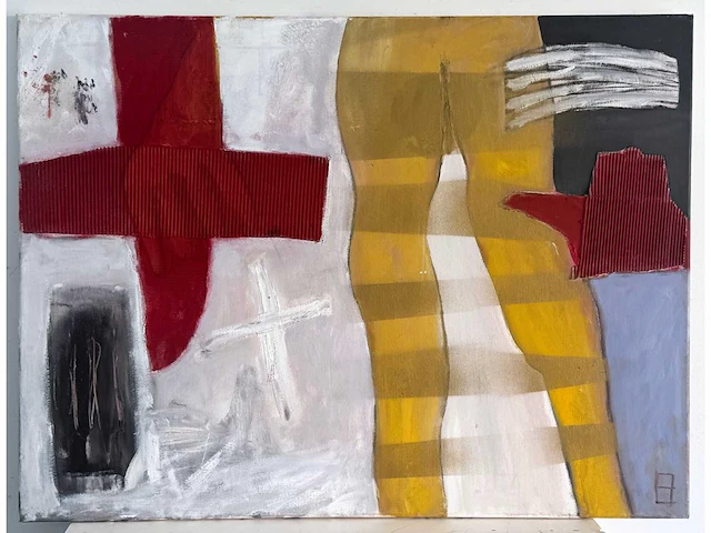 Philip vencken - abstract-figuratieve compositie - gemengde techniek met collage op doek - afbeelding 2 van  9