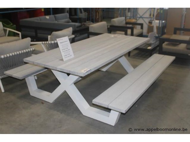 Pic nic tafelframe 220x200cm alu wit | 2x blad voor bank pic nic 220x40cm teak | tafelblad 220x100cm teak - afbeelding 1 van  2