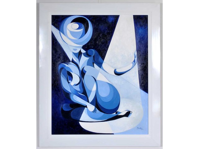 Pierre dailles - kubistisch portret in blauw - olie op doek - 100x80 cm - afbeelding 1 van  9