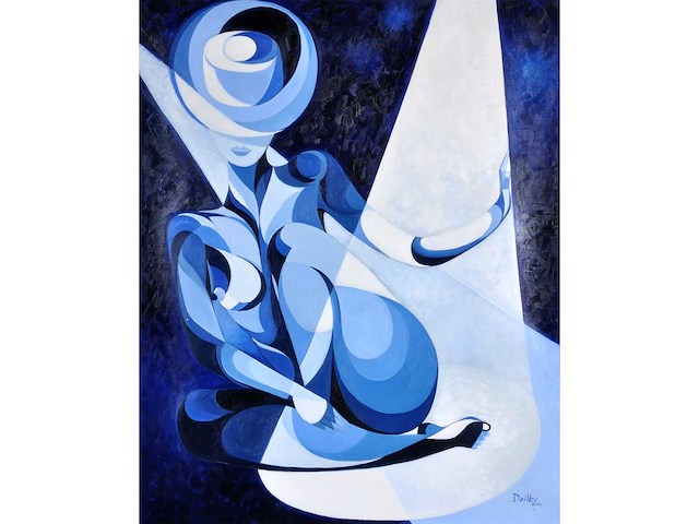 Pierre dailles - kubistisch portret in blauw - olie op doek - 100x80 cm - afbeelding 2 van  9