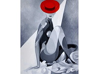 Pierre dailles - vrouw met rode hoed - olie op doek - 92x73 cm - afbeelding 6 van  9