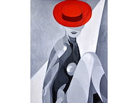 Pierre dailles - vrouw met rode hoed - olie op doek - 92x73 cm - afbeelding 3 van  9