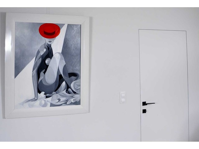 Pierre dailles - vrouw met rode hoed - olie op doek - 92x73 cm - afbeelding 8 van  9