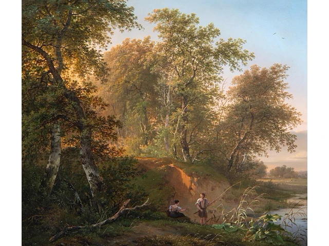 Pierre jean hellemans (1787-1845), fishers at the shore of the river, oil on panel 36 x 42 cm. (14.1 x 16.5 in.), frame: 54 x 58 cm. (21.2 x 22.8 in.) - afbeelding 1 van  5