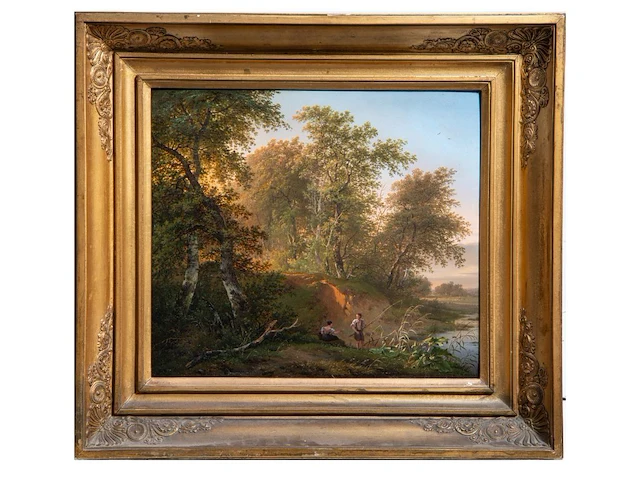 Pierre jean hellemans (1787-1845), fishers at the shore of the river, oil on panel 36 x 42 cm. (14.1 x 16.5 in.), frame: 54 x 58 cm. (21.2 x 22.8 in.) - afbeelding 2 van  5