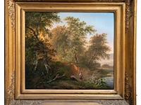 Pierre jean hellemans (1787-1845), fishers at the shore of the river, oil on panel 36 x 42 cm. (14.1 x 16.5 in.), frame: 54 x 58 cm. (21.2 x 22.8 in.) - afbeelding 2 van  5