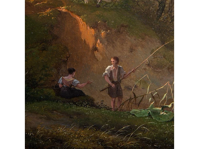 Pierre jean hellemans (1787-1845), fishers at the shore of the river, oil on panel 36 x 42 cm. (14.1 x 16.5 in.), frame: 54 x 58 cm. (21.2 x 22.8 in.) - afbeelding 3 van  5