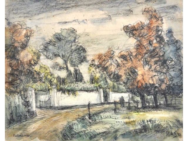 Piet schipperus - landschap met witte muur en poort - gemengde techniek - 36x44 cm - afbeelding 1 van  9
