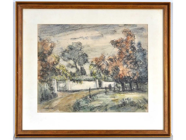 Piet schipperus - landschap met witte muur en poort - gemengde techniek - 36x44 cm - afbeelding 2 van  9