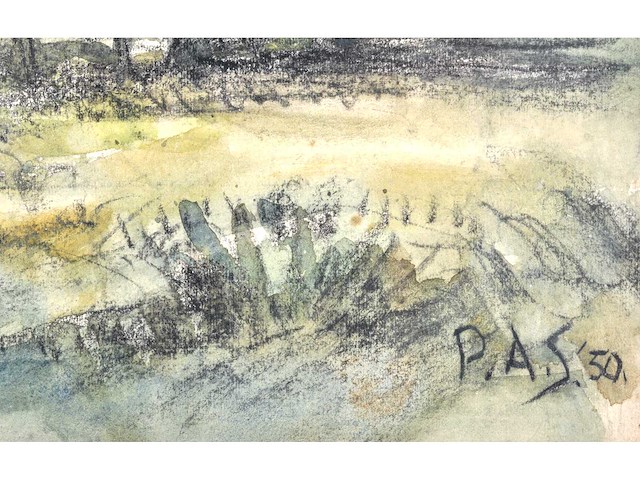 Piet schipperus - landschap met witte muur en poort - gemengde techniek - 36x44 cm - afbeelding 3 van  9