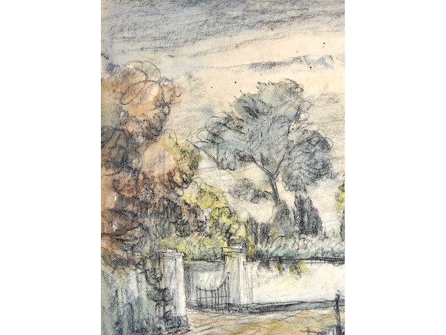 Piet schipperus - landschap met witte muur en poort - gemengde techniek - 36x44 cm - afbeelding 6 van  9