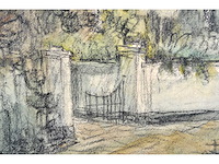 Piet schipperus - landschap met witte muur en poort - gemengde techniek - 36x44 cm - afbeelding 7 van  9
