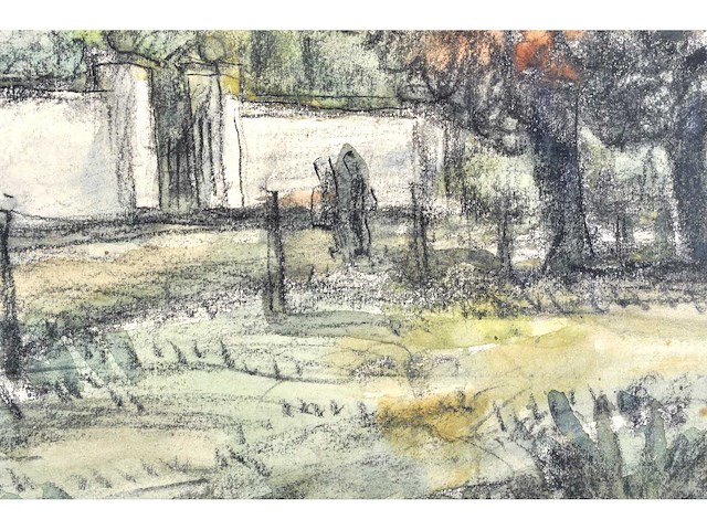 Piet schipperus - landschap met witte muur en poort - gemengde techniek - 36x44 cm - afbeelding 8 van  9