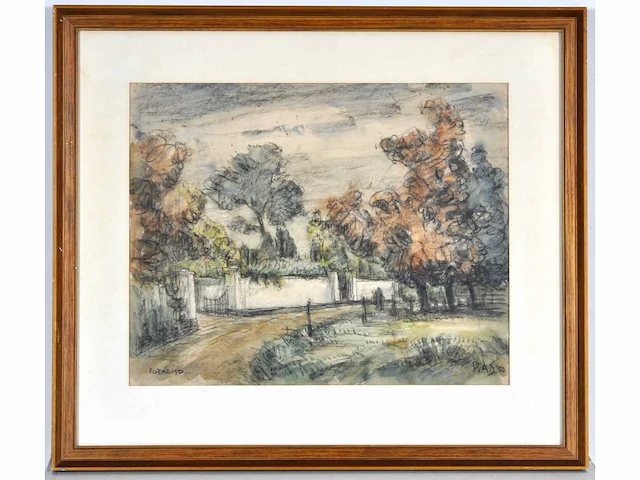 Piet schipperus - landschap met witte muur en poort - gemengde techniek - 36x44 cm - afbeelding 2 van  9