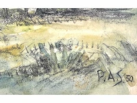 Piet schipperus - landschap met witte muur en poort - gemengde techniek - 36x44 cm - afbeelding 3 van  9