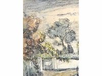 Piet schipperus - landschap met witte muur en poort - gemengde techniek - 36x44 cm - afbeelding 6 van  9