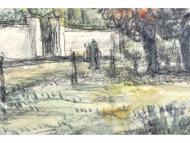 Piet schipperus - landschap met witte muur en poort - gemengde techniek - 36x44 cm - afbeelding 8 van  9