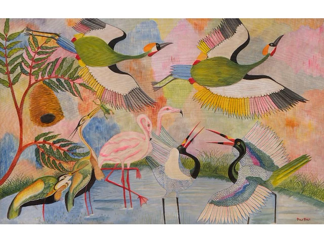 Pilipili mulongoy (1914-2007), untitled (cranes and flamingos), oil on canvas, ca. 1970, 91 x 140 cm. (35.82 x 55.11 in.) - afbeelding 1 van  7
