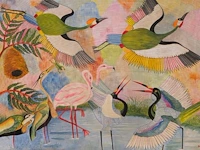 Pilipili mulongoy (1914-2007), untitled (cranes and flamingos), oil on canvas, ca. 1970, 91 x 140 cm. (35.82 x 55.11 in.)