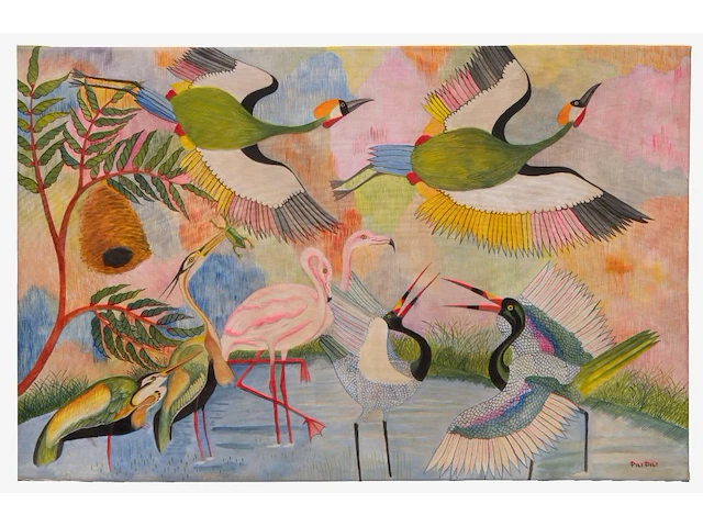 Pilipili mulongoy (1914-2007), untitled (cranes and flamingos), oil on canvas, ca. 1970, 91 x 140 cm. (35.82 x 55.11 in.) - afbeelding 2 van  7